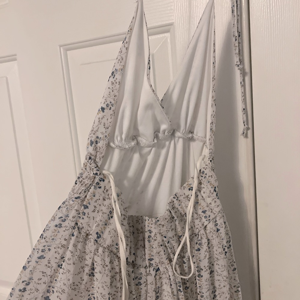 Silvergate White and Blue Cornflowers Halter Maxi Dress